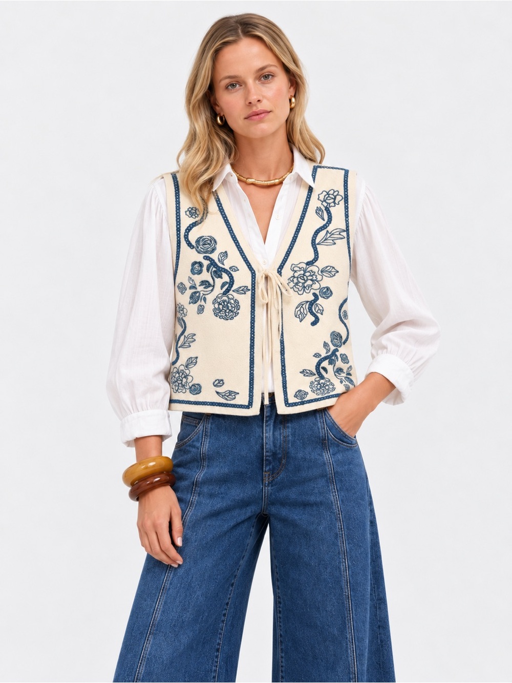 Driftwood Ravishing Rosette Embroidered Knit Tie Front Vest Cream Sz S NWT